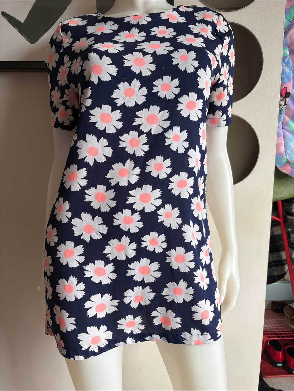 Navy Daisy Print Mini Dress Pink White Floral Shift Dress